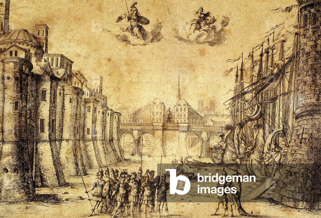 Illustration zur Oper in 5 Akten „“ La finta pazza „“ von Francesco Sacrati. Stich von Jacopo Torelli, 1645. M