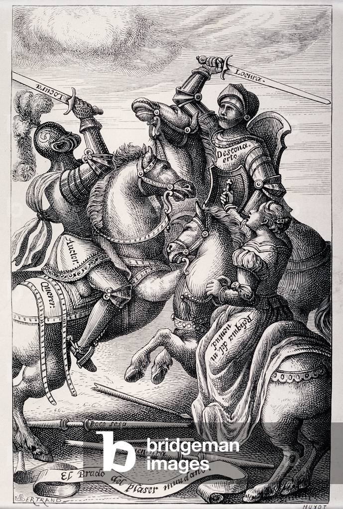 Allegorie de la Chevalerie representant deux chevaliers au combat devant une jeune femme. Gravure de Huyot d'a