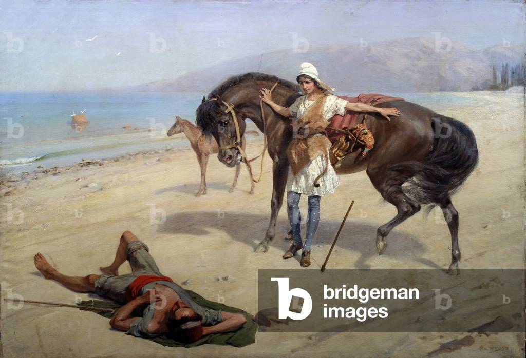 Amazon. An Amazon Discovers a sleeping sailor on the shore, 20th century (oil on canvas)