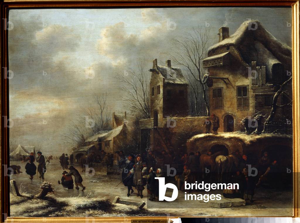 An ice rink on a river (skating rink on river), 1665 (oil on wood)