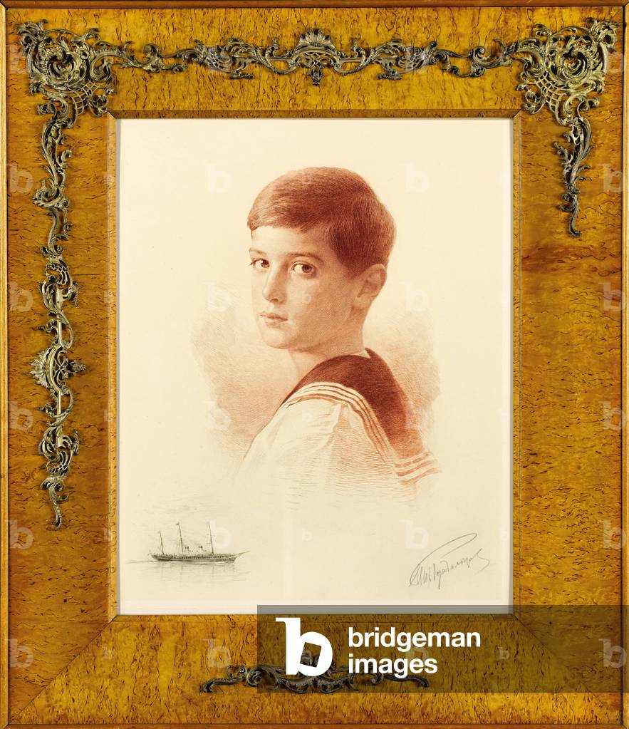 Portrait of the Successor to the throne Tsarevich Alexei Nikolaevich of Russia with a remarque depiction of the Imperial Yacht, 1913 (engraving)