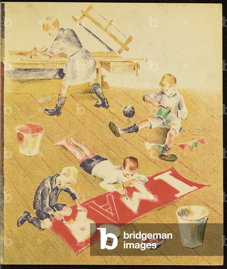 Children in a workshop prepare the flag for the May Day parade, 1930 (lithograph)
