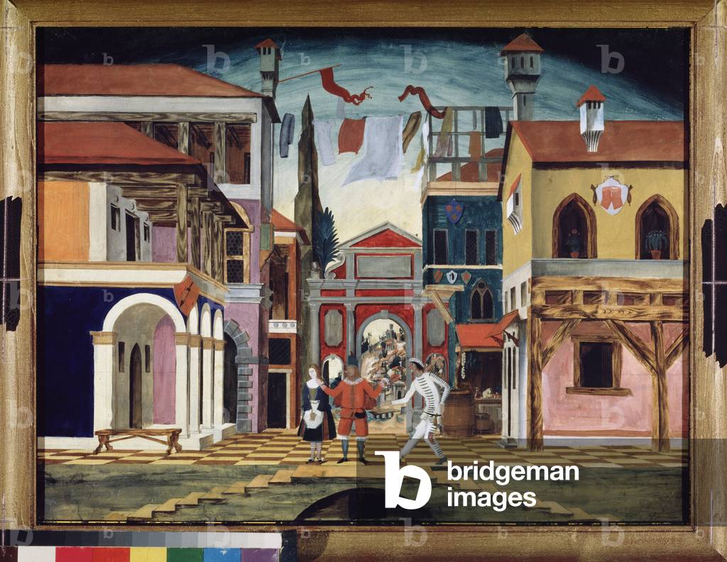 Decor Preparatory, place of a village with characters, for the Theater Experimental of Vsevolod Meyerhold, 20th century (watercolour on paper)
