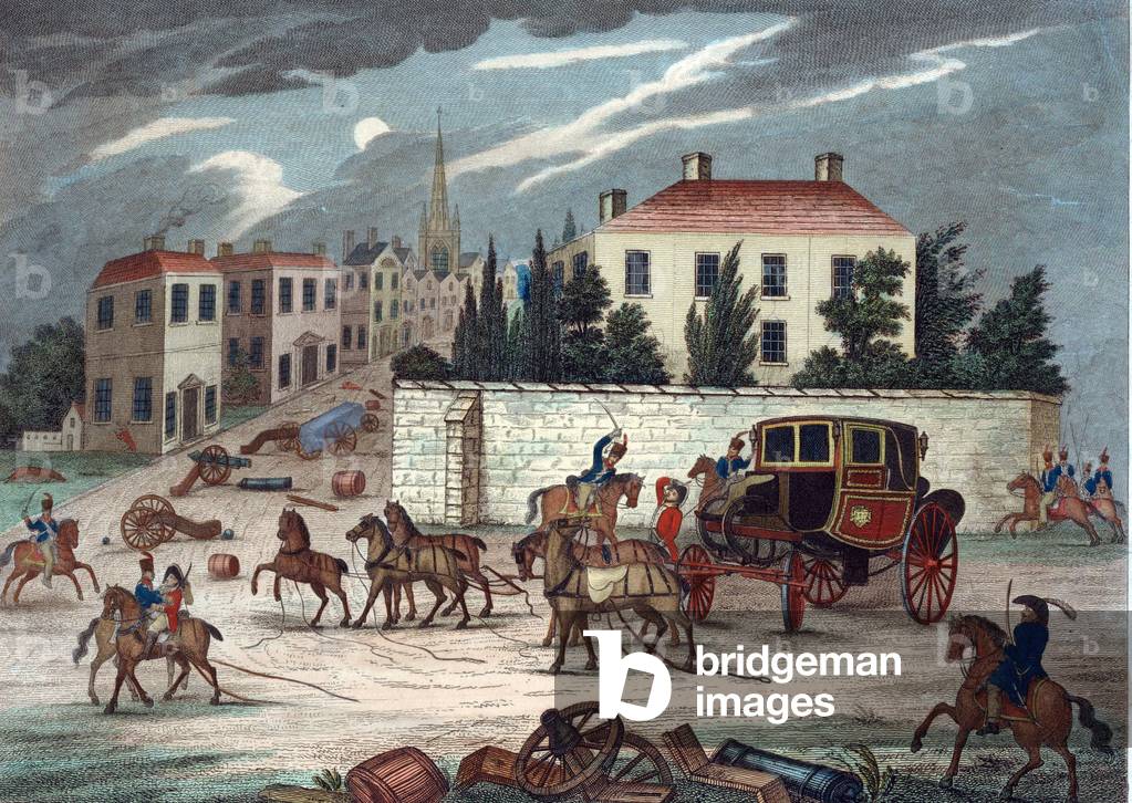 The Capture of Napoleon's Carriage at Genappe by Prussian Cavalry, 1815 (etching, watercolour)