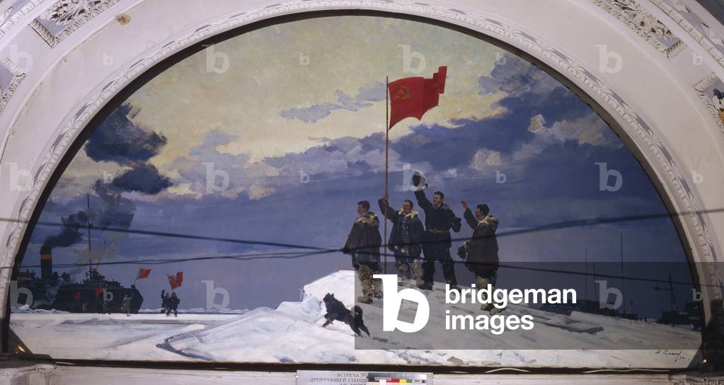 Ice breakers Taimyr and Murman take four polar explorers from the North Pole-1 drifting ice station on February 19, 1938, 1938 (oil on canvas)