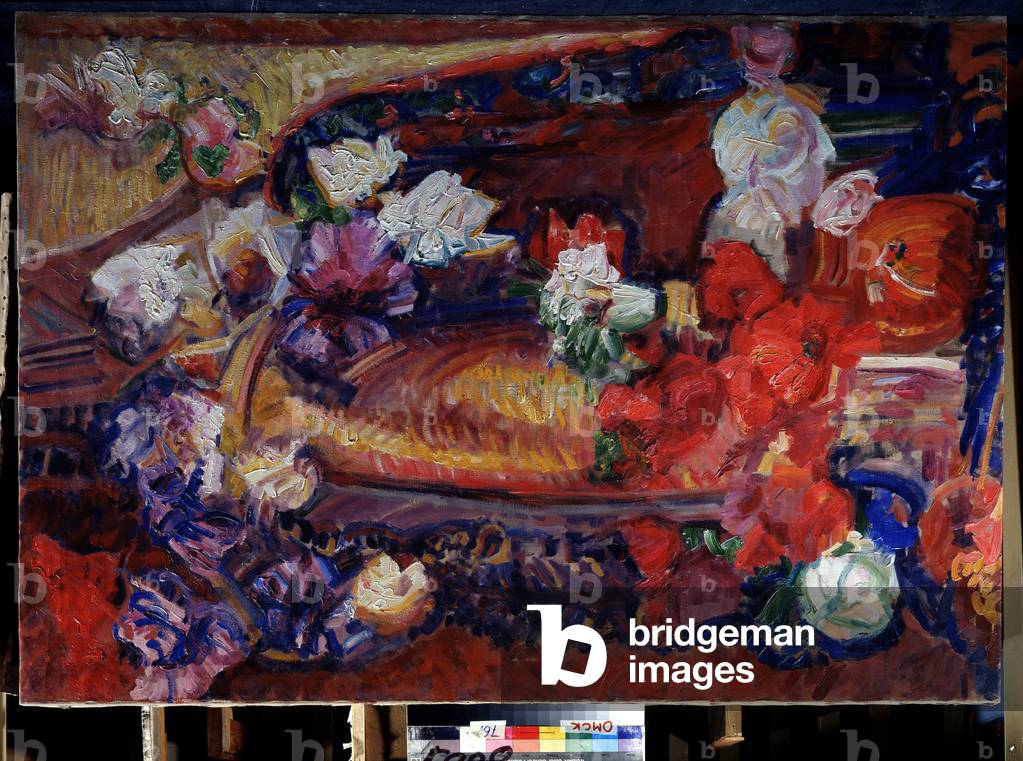Still life with a decorative cushion and flowers (oil on canvas)