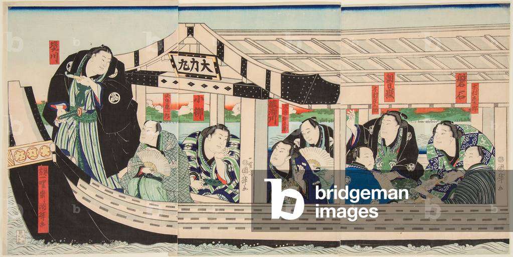 The wrestler of Sumo Dairiki Maru on a boat with friends, 1864 (colour woodcut)