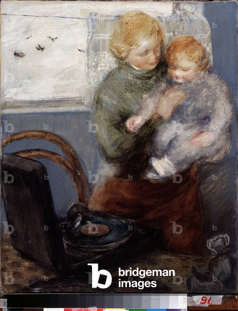 To gramophone (at the gramophone). A mother and his baby listening to music, 1936 (oil on canvas)