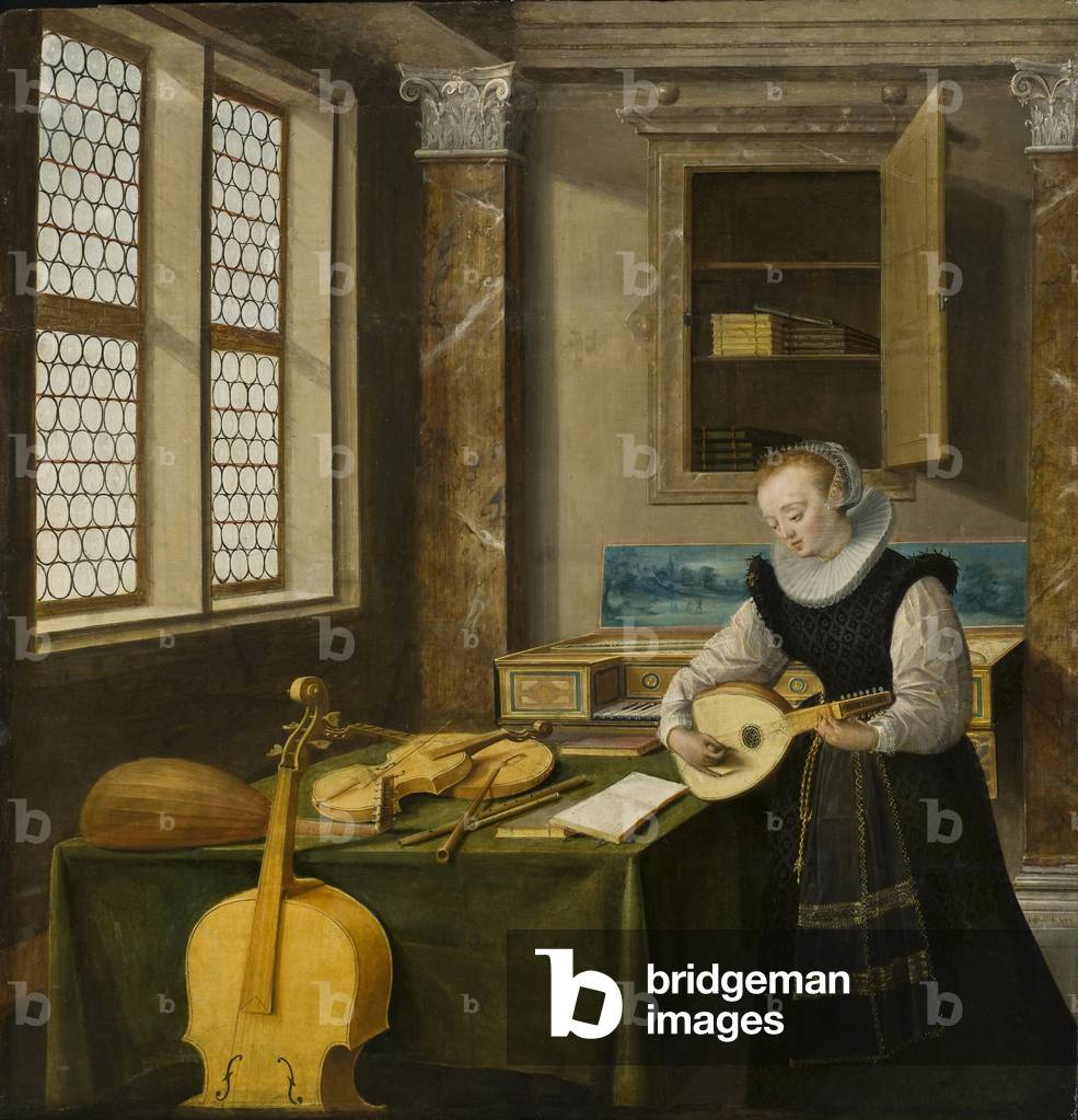 Lady playing the lute (oil on wood)