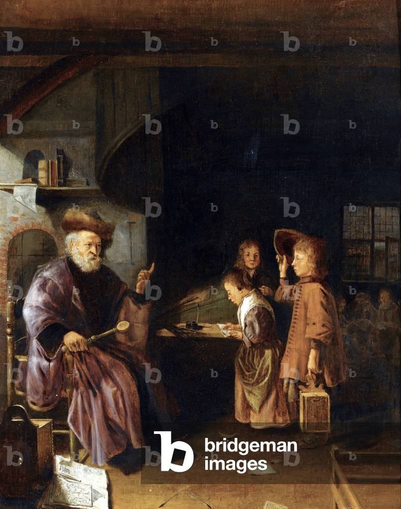 Un maestro di scuola che insegna ai suoi allievi in classe, XVII secolo (olio su legno)