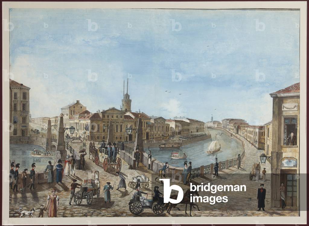The Red Bridge Across the Moika River in Saint Petersburg, 19th century (watercolour)