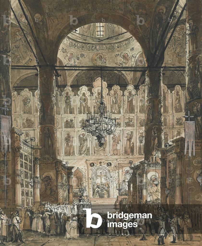 Mass at the Cathedral of the Dormition in the Moscow Kremlin, c.1850 (gouache)