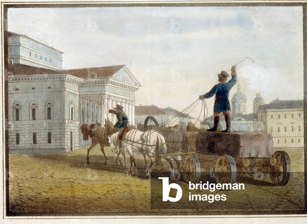 Transport of granite blocks on the Place du Theater in Saint Petersburg, 1825 (watercolour on litho)