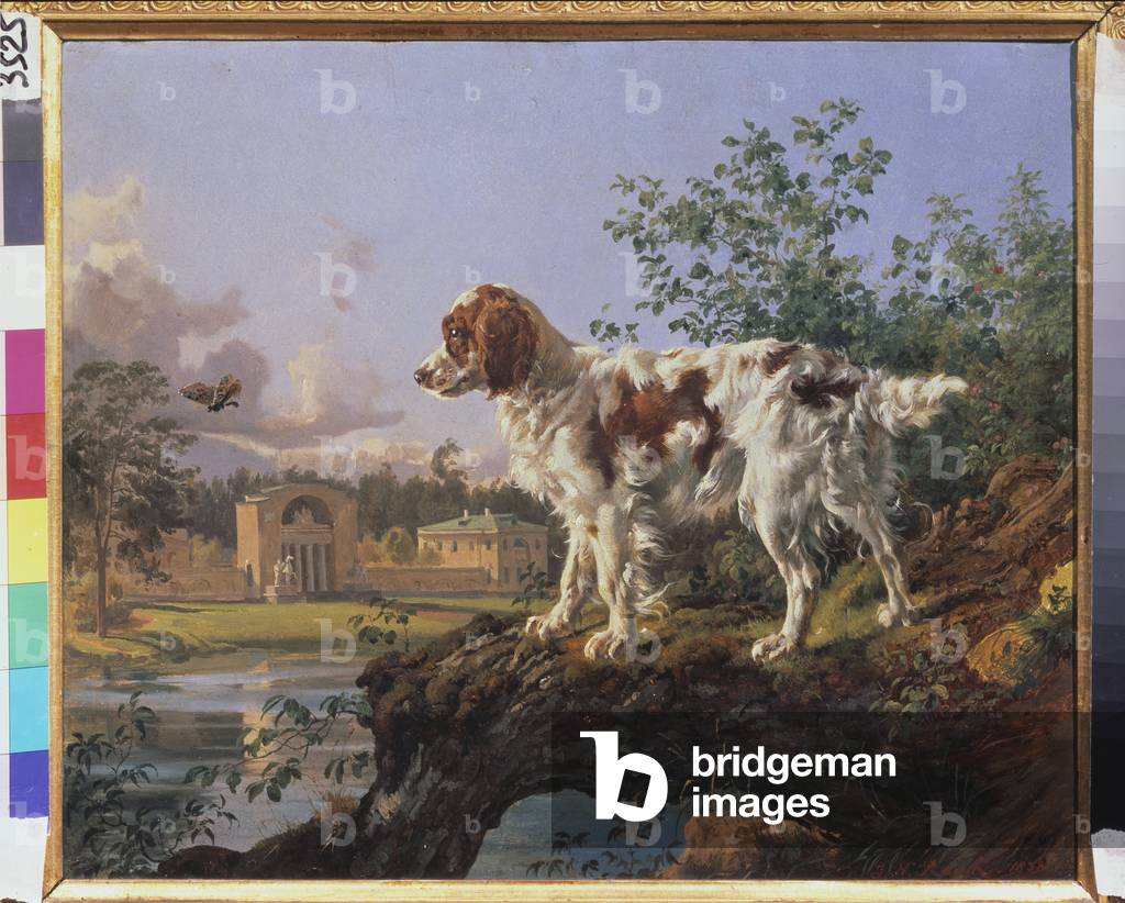Immagine di Dipinto "Proprietà di Kuzminki. La giostra. Un cane nel paesaggio" 1838 di Johann Nepomuk Rauch