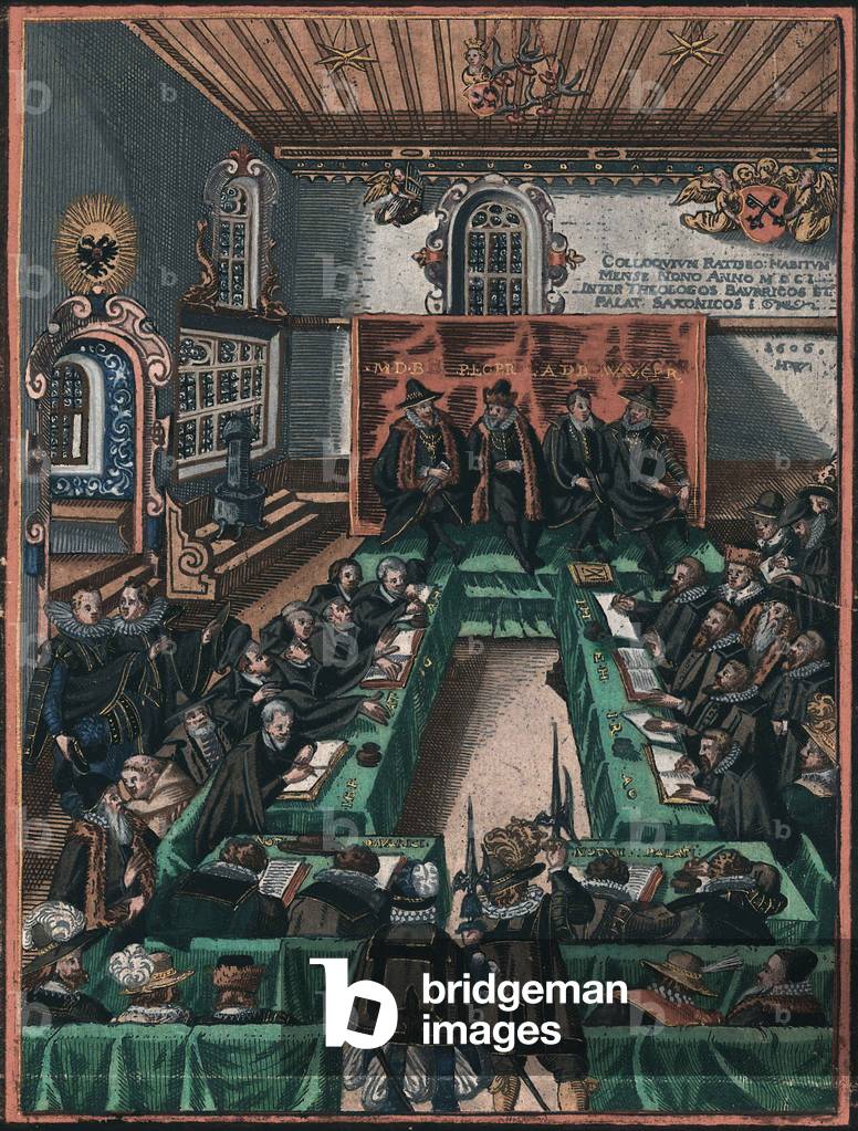The Relisbon religious conference in 1601 - The Regensburg Religious Colloquy of 1601, c.1605 (copper engraving, watercolour)