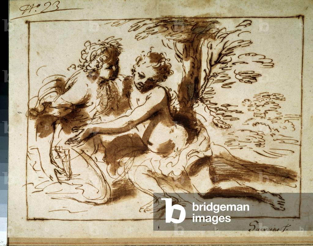 Deux personnages dans un paysage. Deux personnages dans un paysage, XVIIe siècle (dessin)