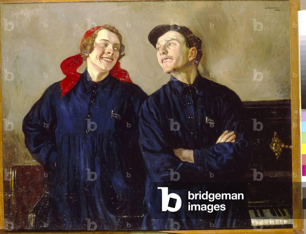 The movement of actprop (propaganda agitation) of the blue shirts (the actprop movement of blue shirts), 1926 (oil on canvas)