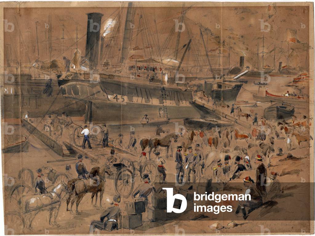 Boarding the artillery aboard the Argo, in Balaklava, May 1856, 1856 (watercolour on paper)
