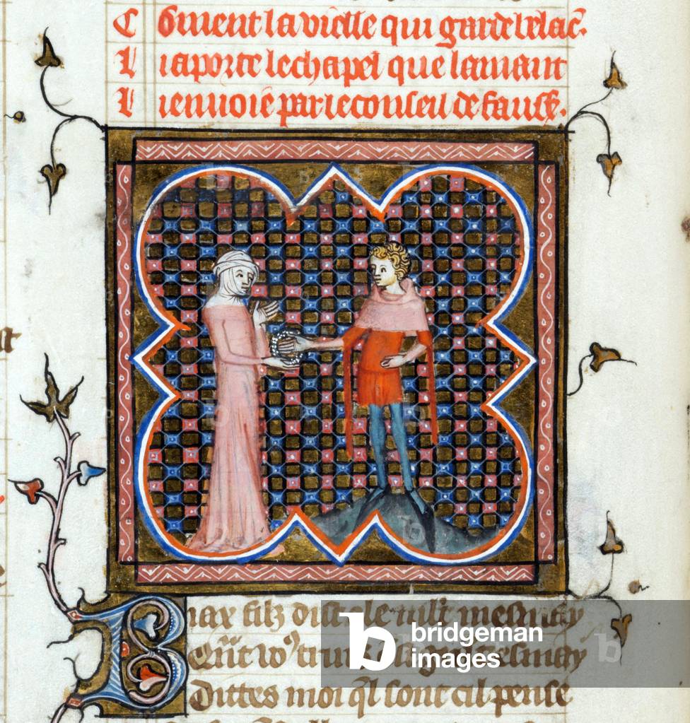 A young man and an old lady from 'Le Roman de la Rose', c.1353 (miniature)