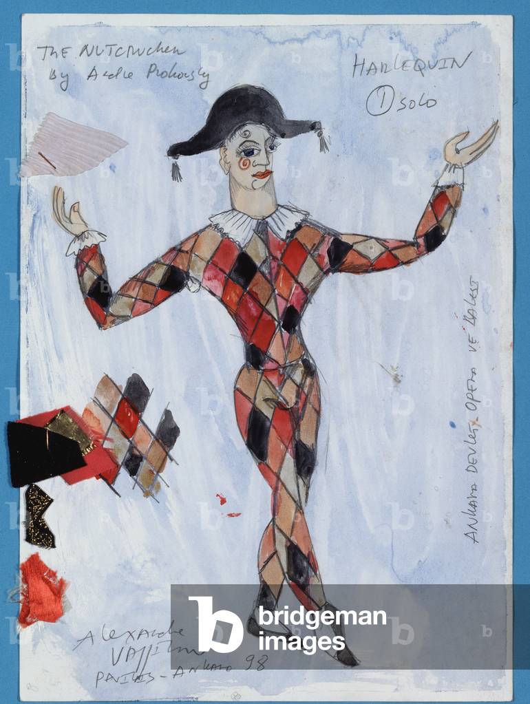 Costume design for a harlequin from Tchaikovsky's ballet 'The Nutcracker', 1998 (w/c & gouache on paper)