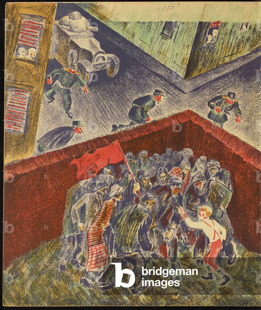 A Group Of Demonstrators With The Red Flag Hides Behind A Wall, 'Two First Of May Days', 1930 (litho)