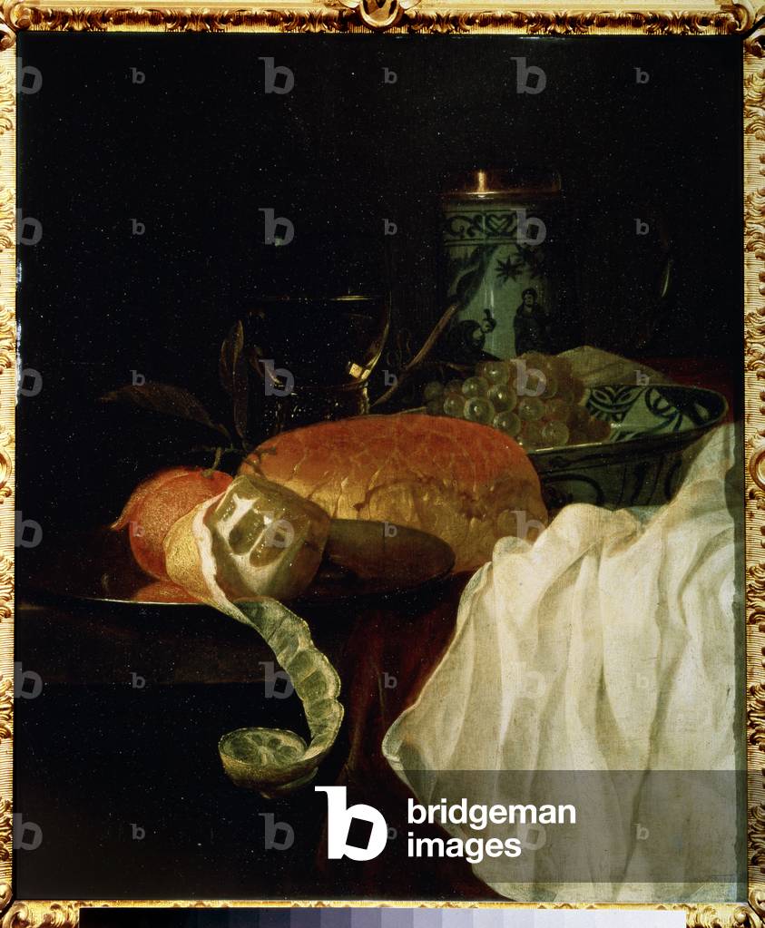 Fruit, pain et VIn (Fruit, bread and wine), 17th century (oil on panel)