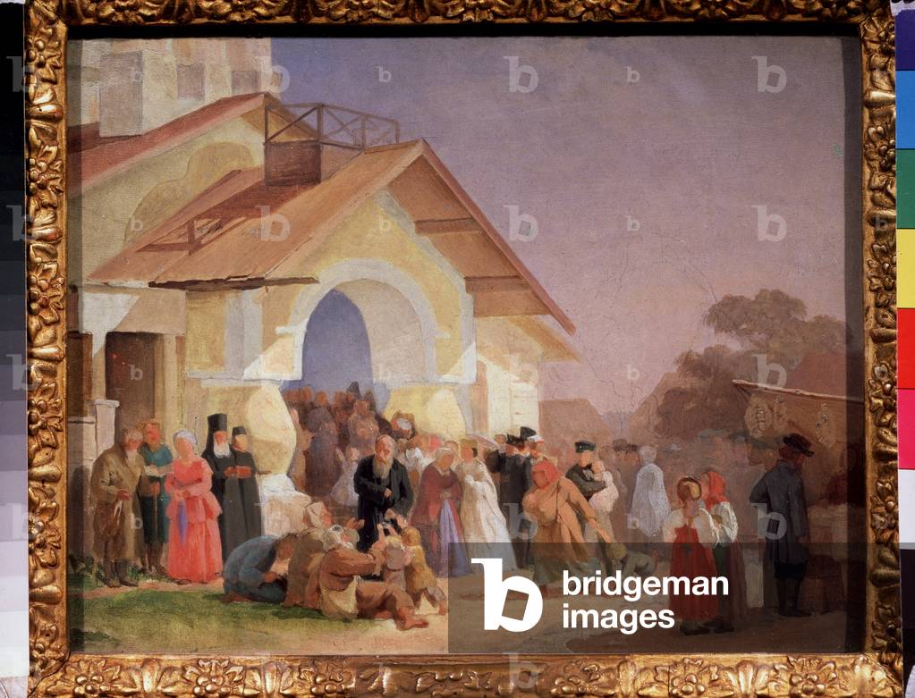 La sortie de l'eglise a Pskov (Russie) (Coming out of a Church in Pskov), 1863-64 (oil on canvas)