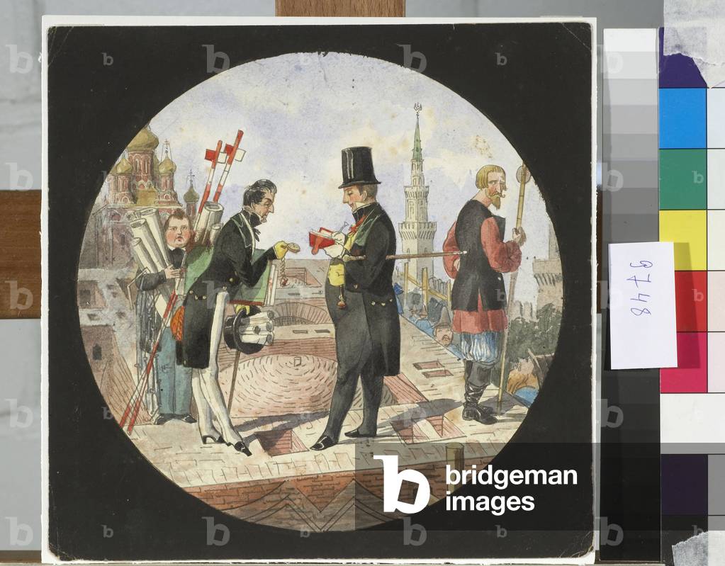 Baron Lev von Bode and architect Nikolay Chichagov on the construction site of the Grand Palais du Kremlin in Moscow, 1840-50 (pen, brush, watercolour, ink and white colour on paper)