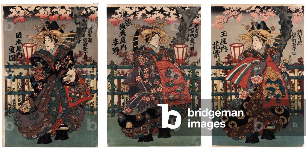 Cortesse Shigeoka, Sugatano e Hanamurasaki. Trittico, 1848 (xilografia a colori)