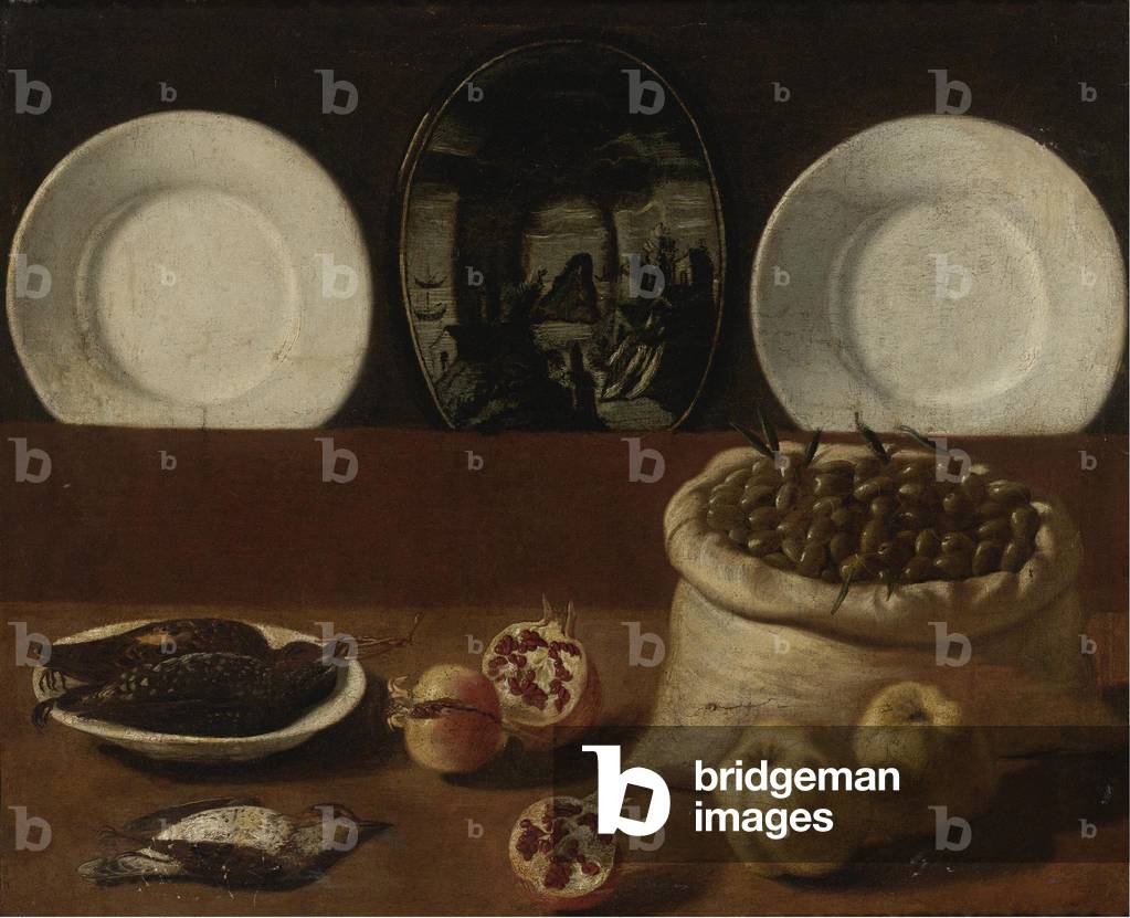 Still life with plates, a sack filled with olives, game, pomegranates, and quince, 17th century (oil on canvas)