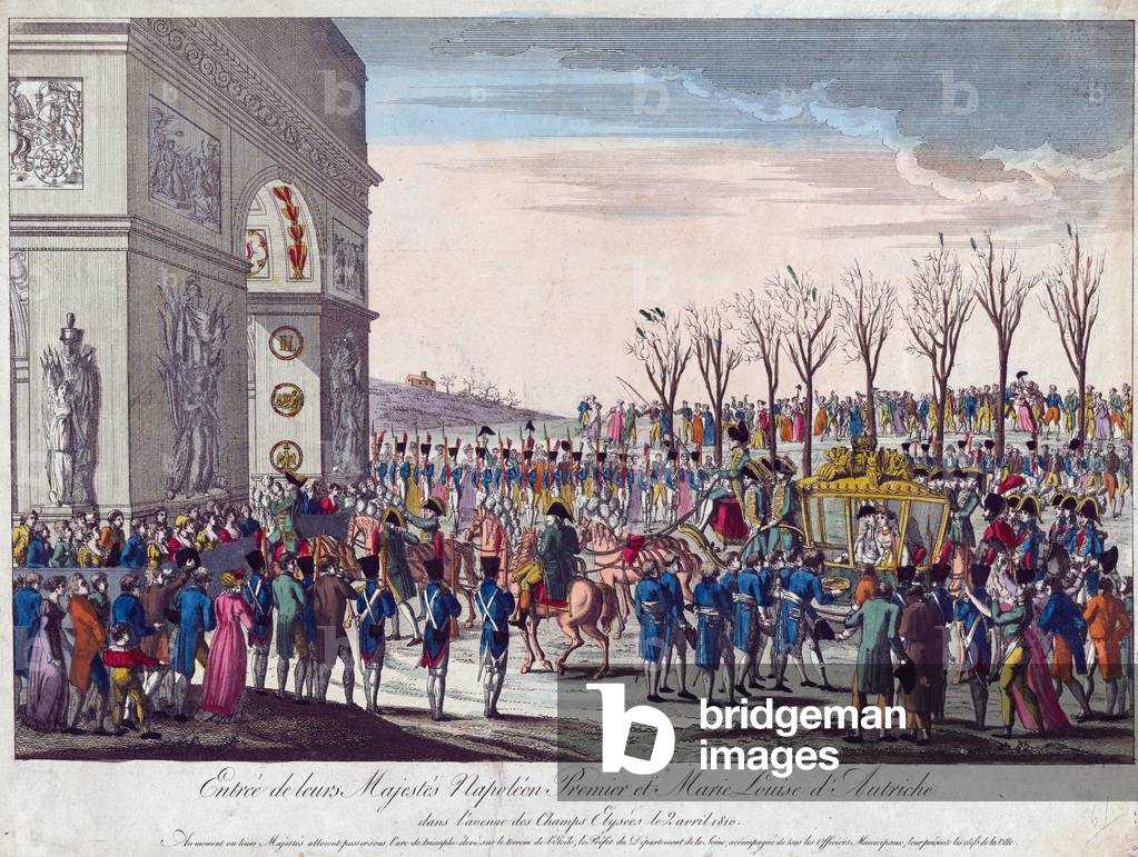 The Wedding Procession of Napoleon &Marie-Louise along the Champs Elysees, 1810 (etching, watercolour)