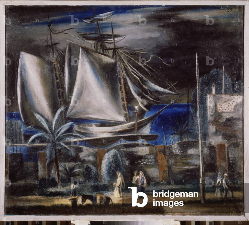 Sea port, at night (a large sailboat moored on the Black Sea) - Seaport at Night, 1935 (oil on canvas)