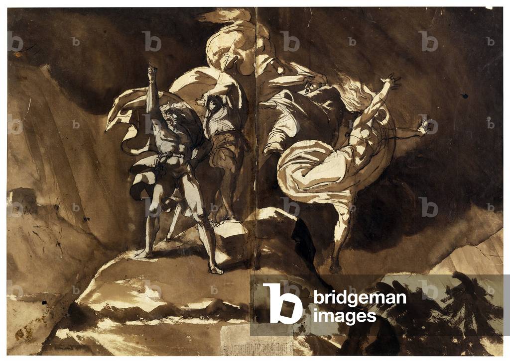 The Witches Floating Above Macbeth and Banquo (pen, brush, brown indian ink, white colour, black chalk on paper)
