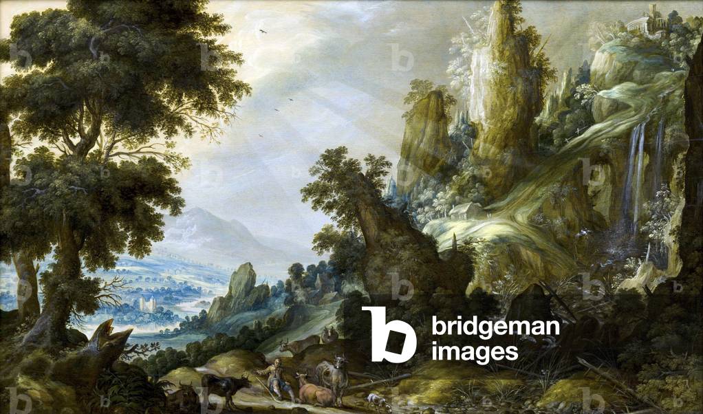Mountain Landscape with waterfall, 1605-1609 (oil on wood)