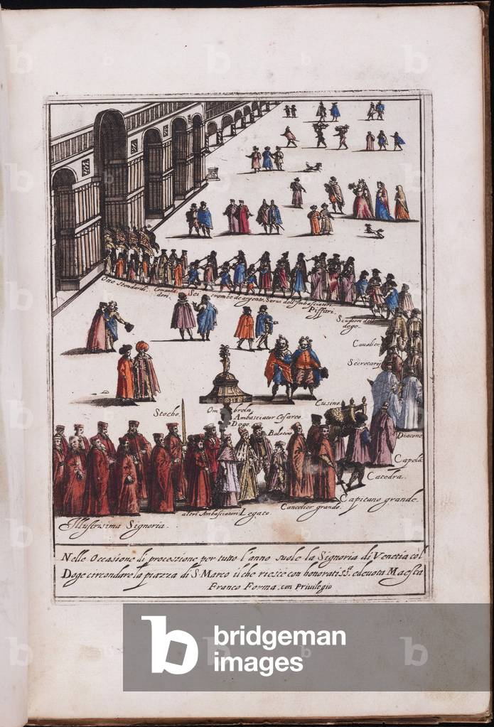 Procession of the Doge and his entourage on the Place Saint Marc, Venice, 1609 (copper engraving, watercolour)