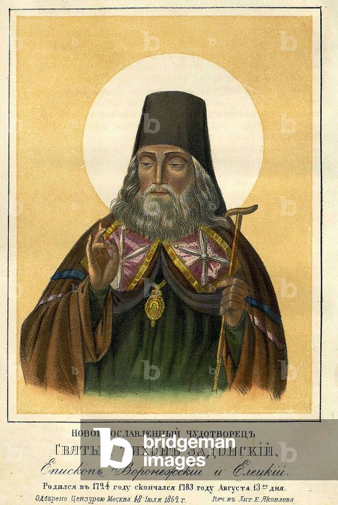Saint Tikhon de Zadonsk (1724-1783), Awake of Voronej, 19th century (litho)