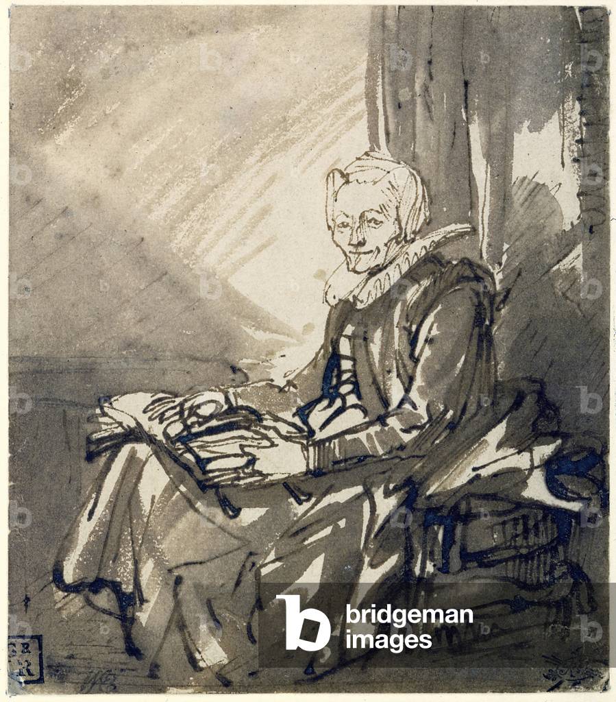 Image of Drawing depicting Woman with an open book on her lap 1639 by Rembrandt Harmensz. van Rijn