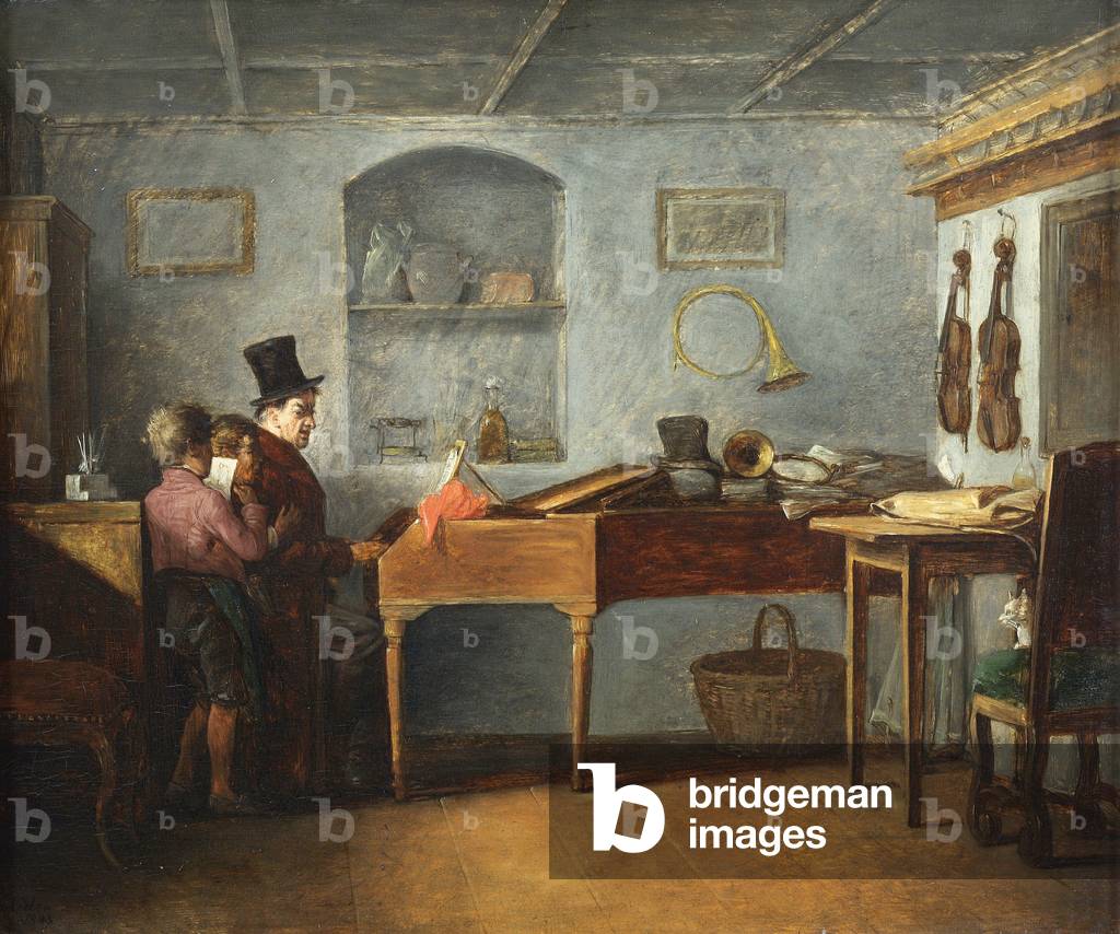 Der Schulmeister mit den Jungen, die flach am Klavier singen, 1840 (Öl auf Holz)