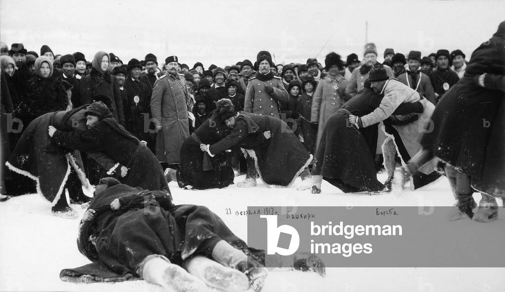 The Bashkirs (Bachkirs). Bashkir Wrestling Kuresh, 1913 (silver gelatin photo)