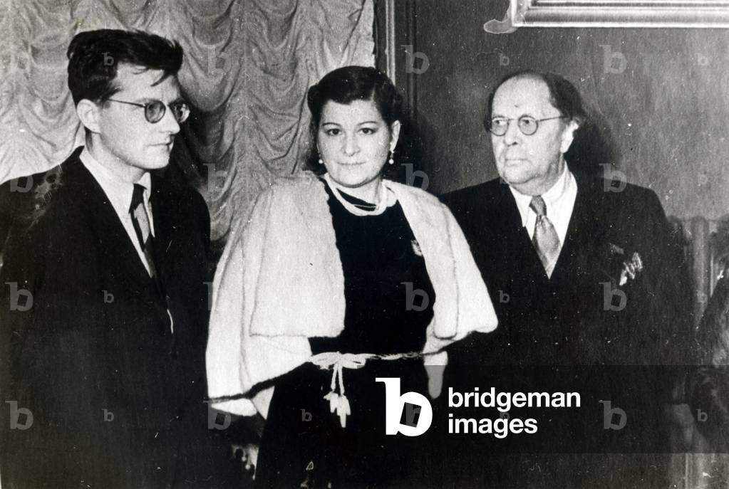 The Composer Dmitri Dmitriyevich Shostakovich, singer Maria Maksakova and writer Aleksei Nikolayevich Tolstoy, 1943 (b/w photo)