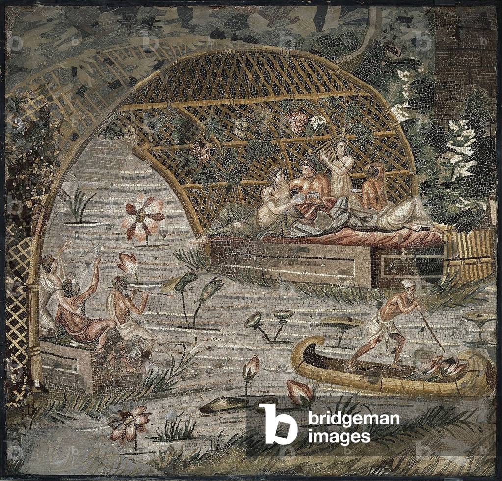 Banquet under a pergola near Nile, -1st century BC (mosaic)