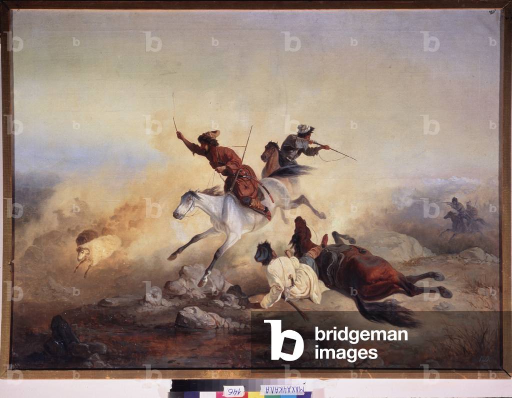 Predatory attack. Battle and prosecution on horseback in the mountains of Daguestan (Daghestan), 1830 (oil on canvas)