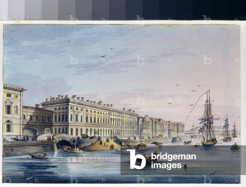 View of the quay of the Palais in Saint Petersburg (Russia) (From Marie Taglioni's album), 19th century (gravure)