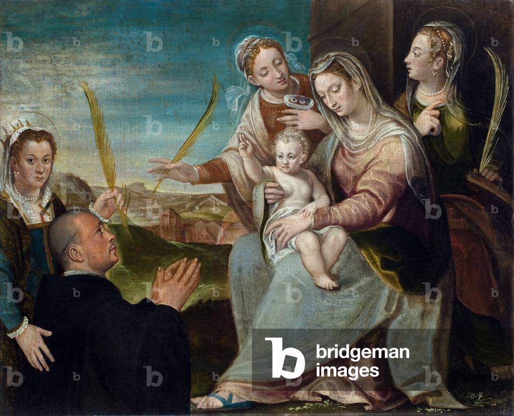 The Virgin and the Child with Saint Catherine, Saint Lucie, Saint Justine de Padua and a Benedictine monk,  (oil on canvas)