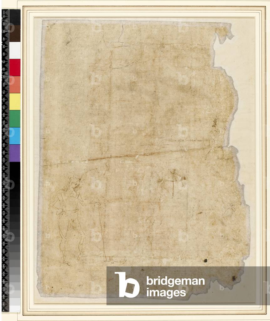 Study of a man with a tortoise[?] on a lead/ part of a palm tree/ a caricature head (verso), 15th century (pen & brown ink on paper, stuck down) [see 5938226]