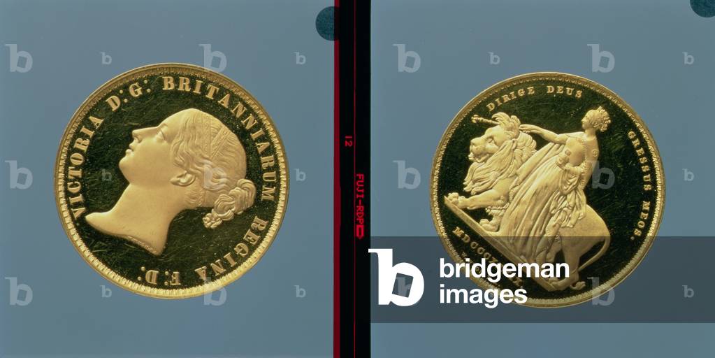 Henderson 1878 Proof of a Five Pound gold coin of Queen Victoria by William Wyon (1795-1851), United Kingdom issue, Tower Hill mint, 1839 (recto and verso)