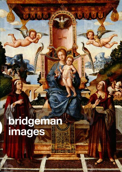Virgin and Child Enthroned with Saints Cosmas and Damian, with Saints Eustace and George in the background, c.1500 (oil on panel)