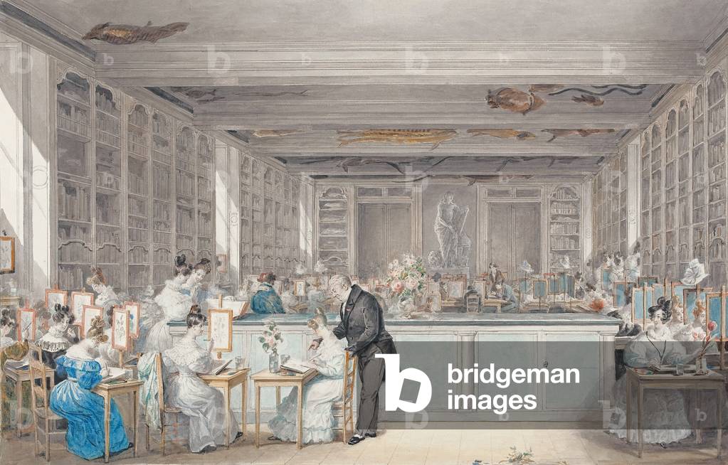Pierre-Joseph Redouté's School of Botanical Drawing in the Salle Buffon in the Jardin des Plantes, 1830 (w/c & graphite on paper)