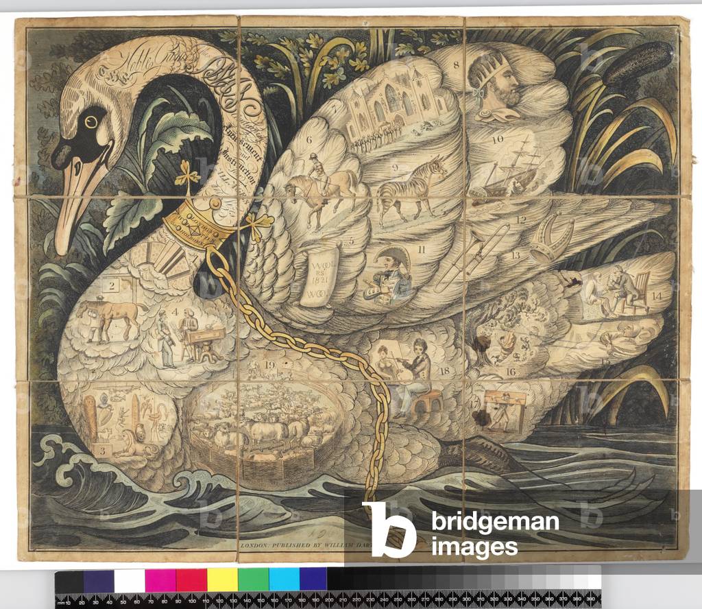 The Noble game of the Swan: Game board with 19 compartments, 1821 (hand-coloured etching)