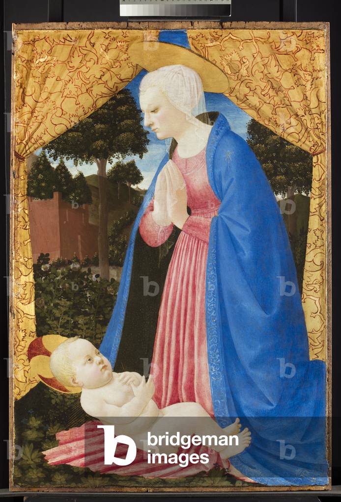 Vierge adorer l'enfant, fin du XVe siècle (tempéra avec des glaçures à l'huile et de l'or sur le panneau)